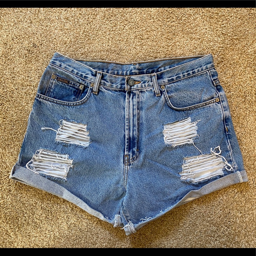 Calvin Klein High Waisted Distressed Denim Shorts